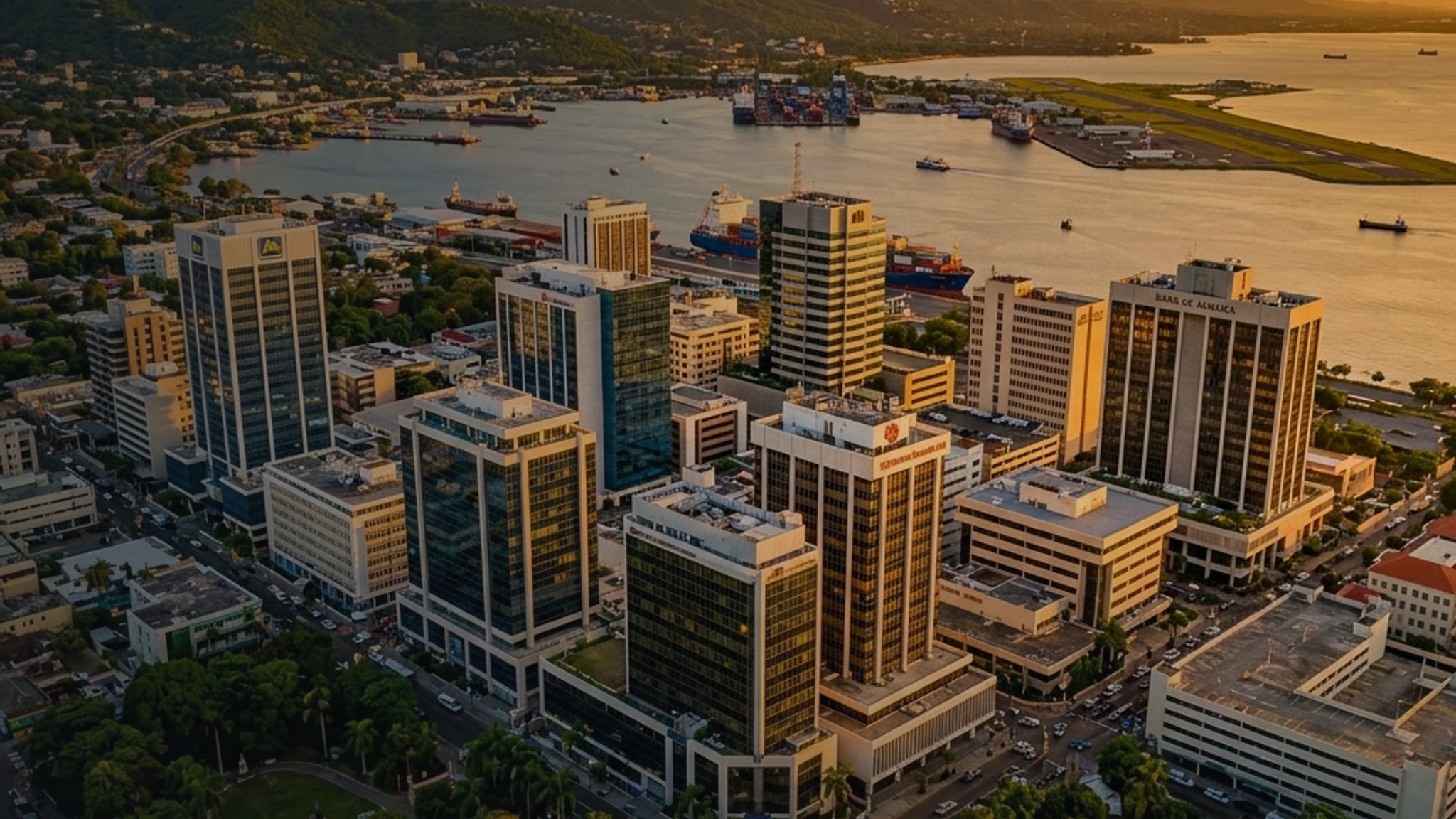 Downtown Kingston skyline and harbour at golden hour